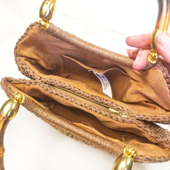 Vintage Brandeis Brown Macrame Clamshell Handbag Bamboo Handles - Picture 4 of 13